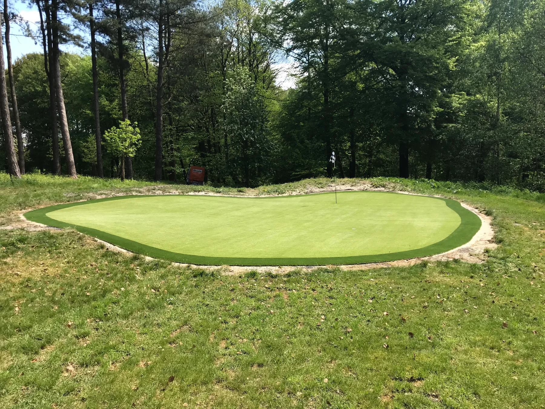 Artificial turf putting green between the trees